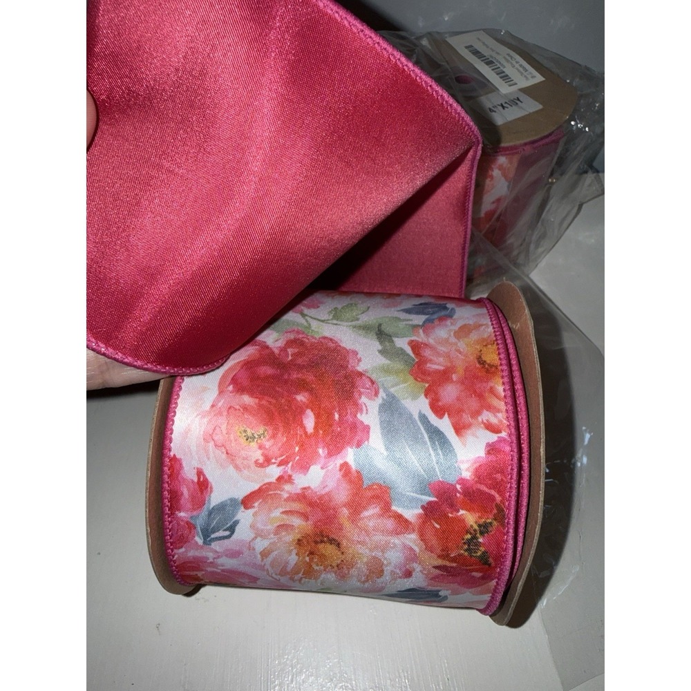 3 Floral Patterned Wired Roll 4 Inch x 10 Yards, Pink Wedding Shower Bridgerton‎